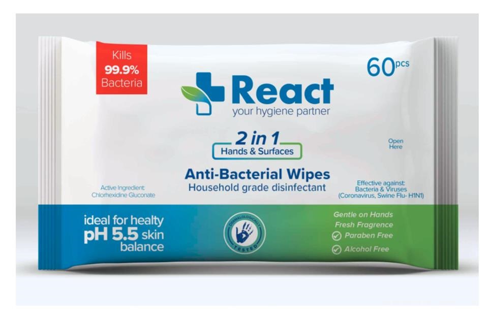 REACT - 4 Packs - Antibacterial hand and surface wipes - biodegradable - pack of 60 - kills 99.9% of bacteria