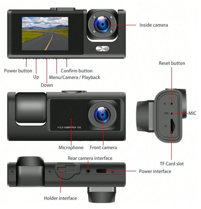 Dash Cam HD 1080P 3-Channel with Front, Rear & Inside Inc. + Night Vision + SD card included - Image 3