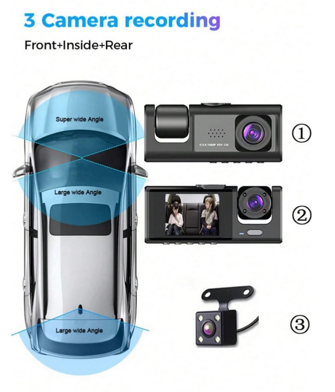 Dash Cam HD 1080P 3-Channel with Front, Rear & Inside Inc. + Night Vision + SD card included - Image 5