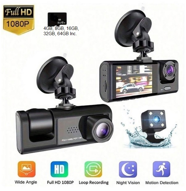 Dash Cam HD 1080P 3-Channel with Front, Rear & Inside Inc. + Night Vision + SD card included